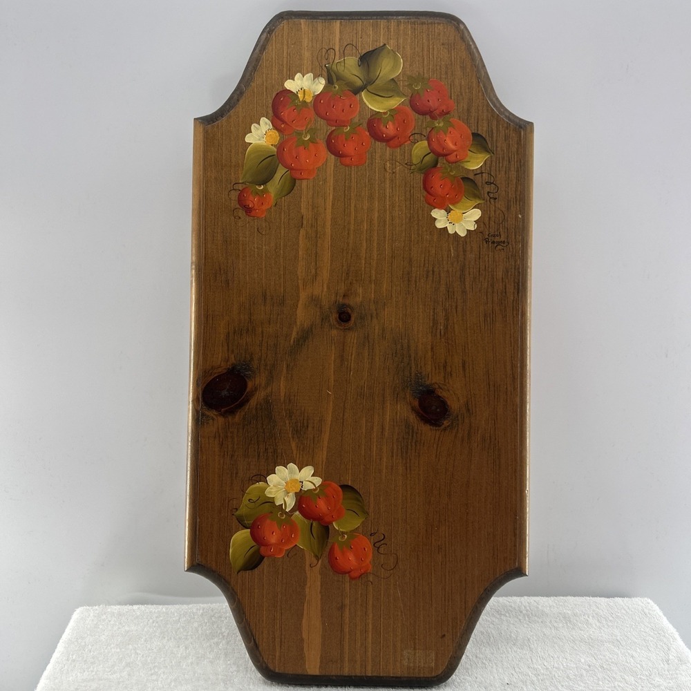 Vintage STRAWBERRIES Hand Painted Wooden Plaque Wall Hanging Decor 1970s 22"x11"